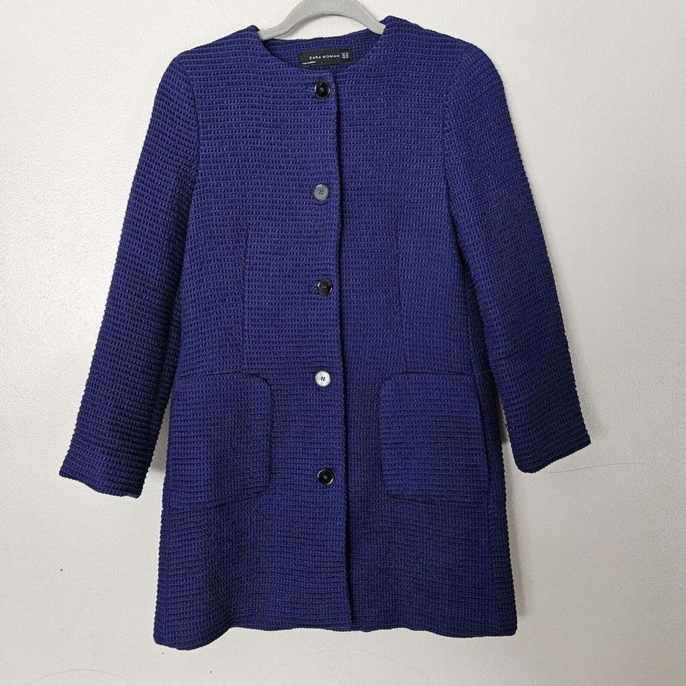 ZARA Duster Womens Extra Small Waffel Weave Jacket Navy Overcoat Classic Texture